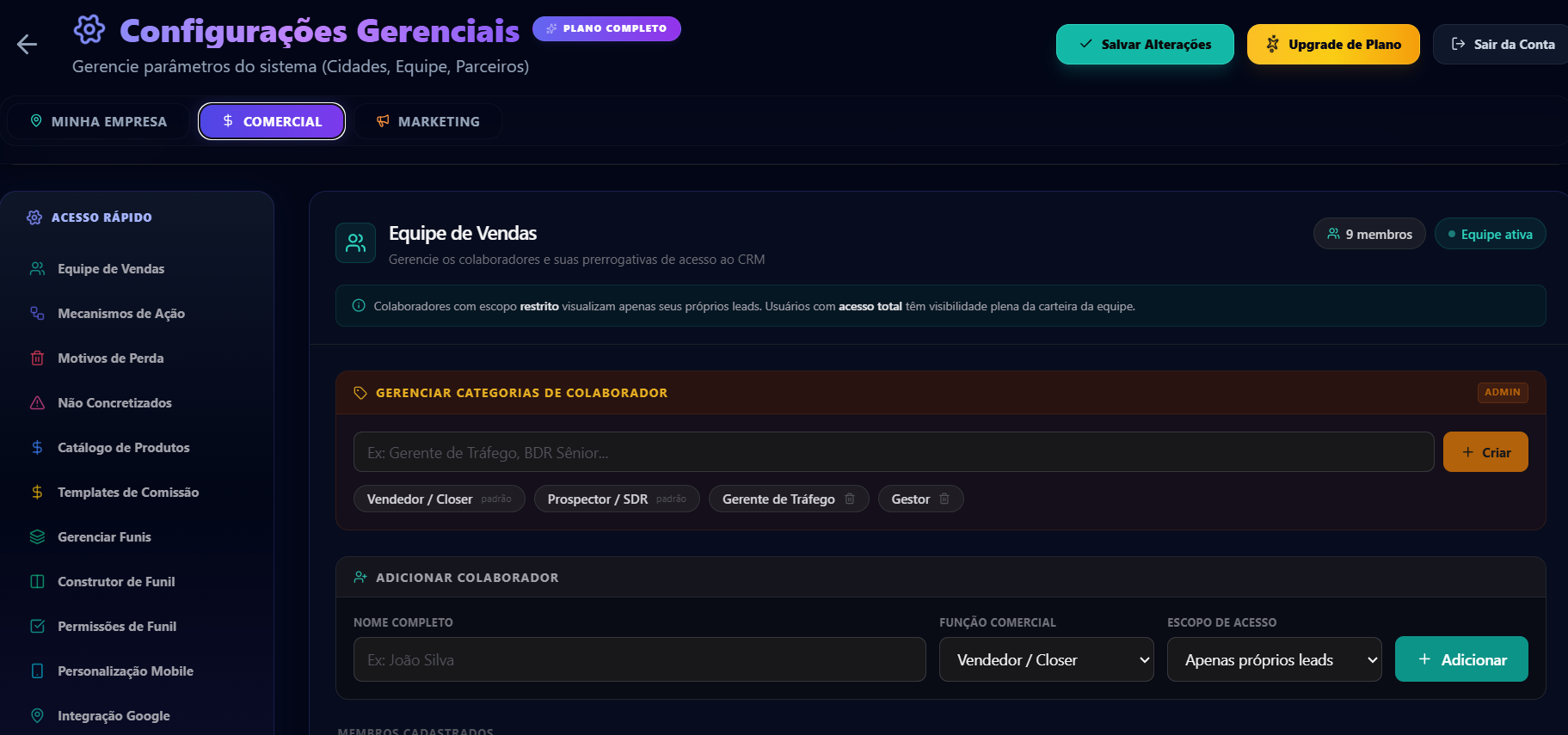 Configurações Gerenciais do CRM Radar